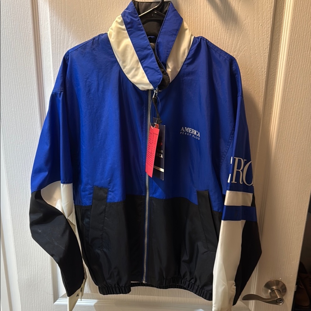 Perry Ellis Blue, Black, and White Windbreaker